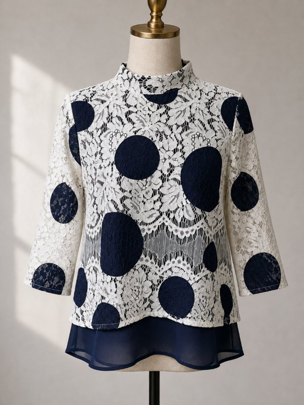 Anthropologie HD in Paris Lace Polka Dot Blouse Rochelle Ivory & Navy Size 2